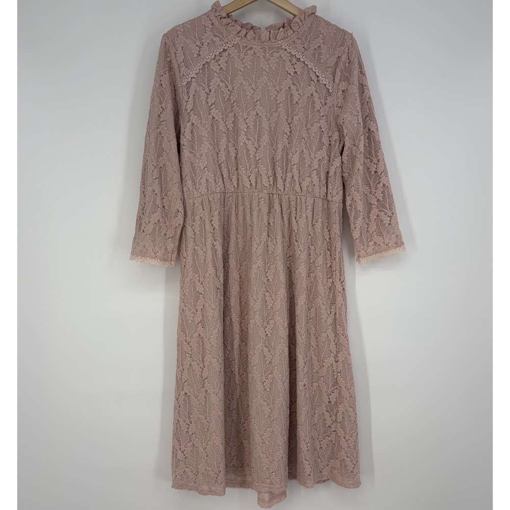 Orange Creek Pink Floral Lace Dress XL 3/4 Sleeve Midi Cottagecore Twee Whimsy